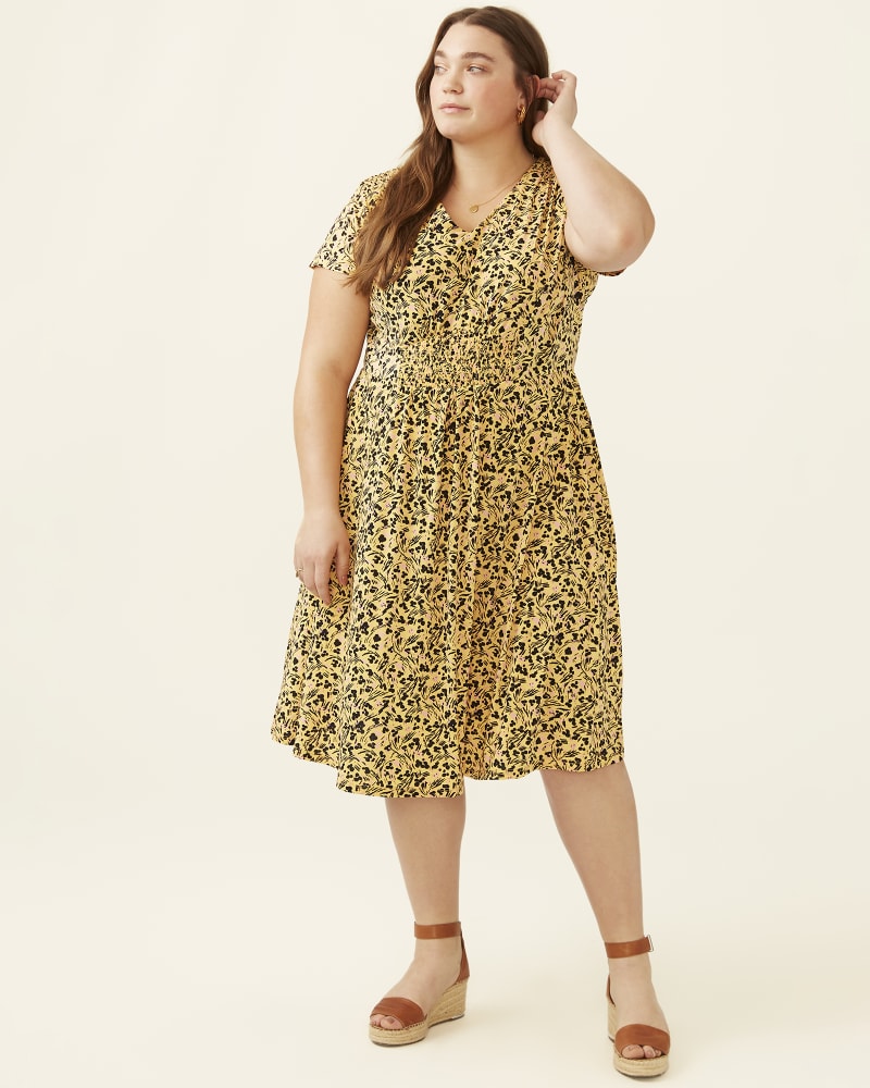 Front of 5'9" model wearing a plus size Julianne Smock Waist Midi Dress in Yellow by Adorne. | dia_product_style_image_id:273807